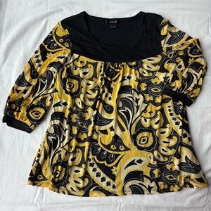 Style & Co. Black and Yellow Patterned Blouse Retro Paisley Artsy Y2K